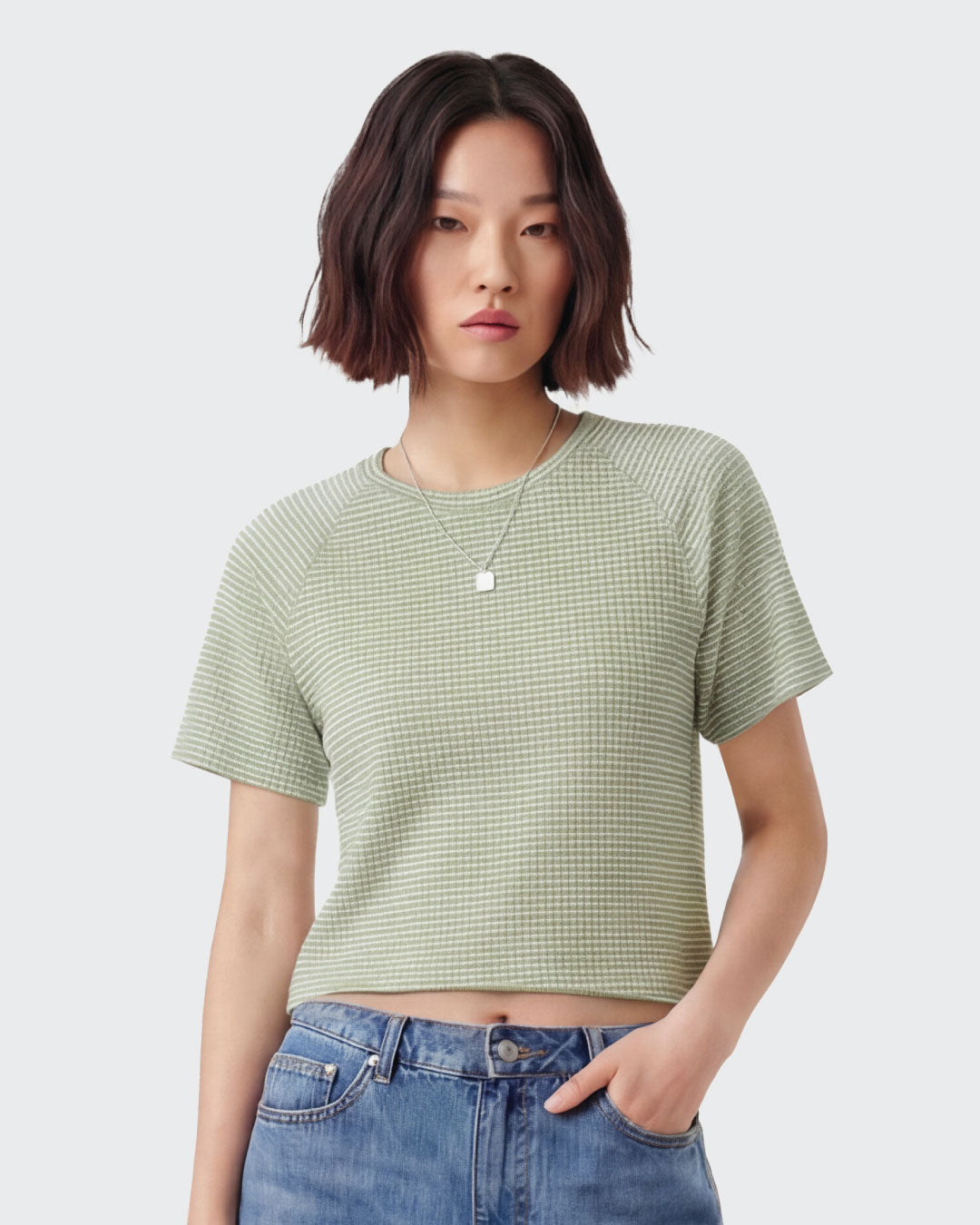 Women Ribbed Raglan Stripe Cropped Top