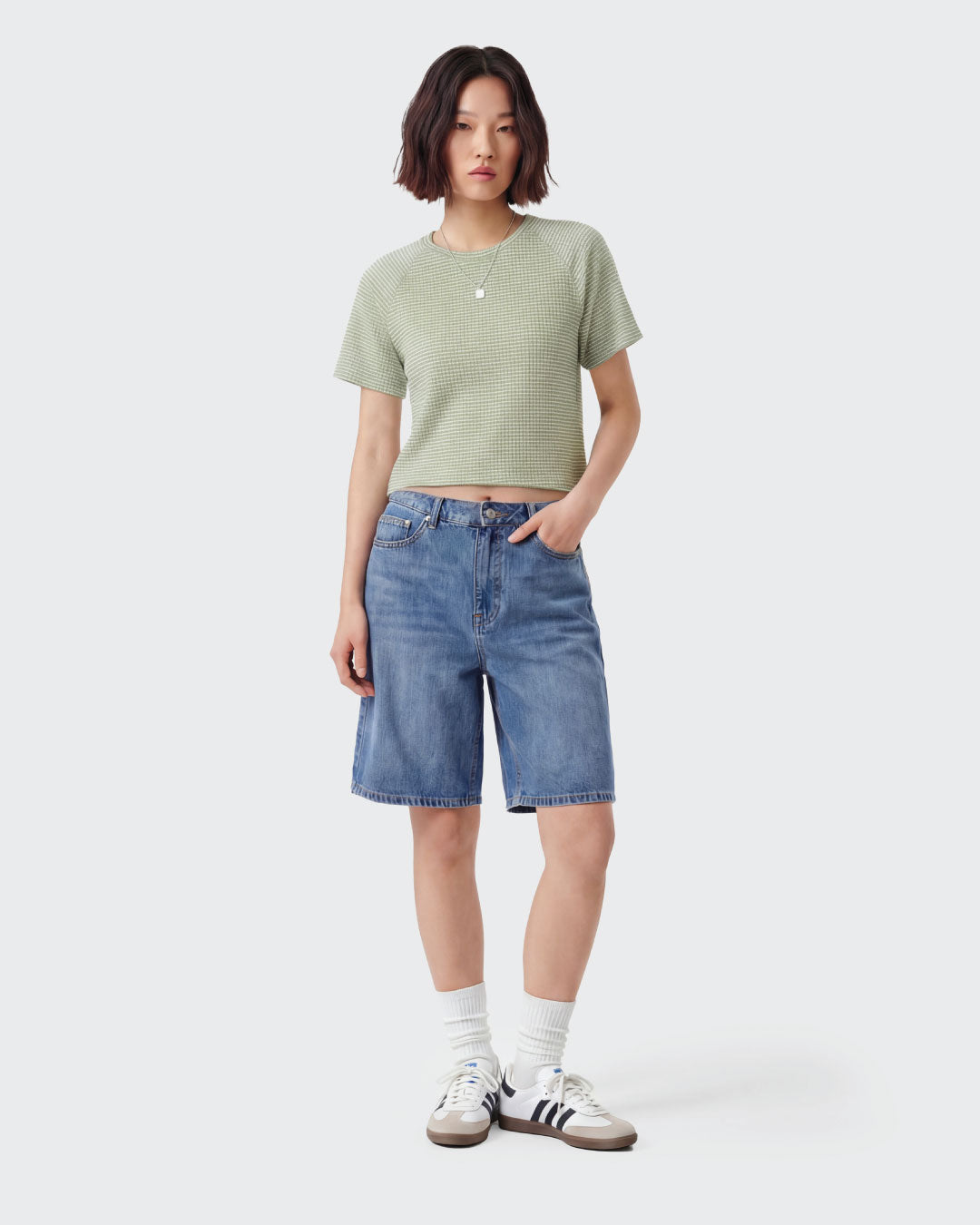 Women Ribbed Raglan Stripe Cropped Top