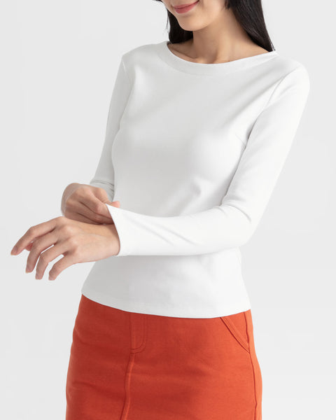 Women Boatneck Long Sleeve Fitted Top – OXWHITE