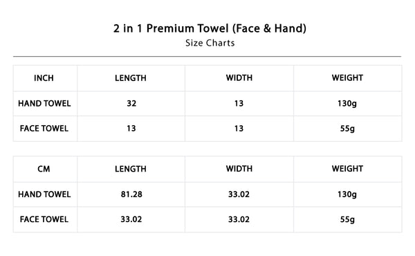 Size chart for 2 in 1 Premium Towel (Face & Hand)