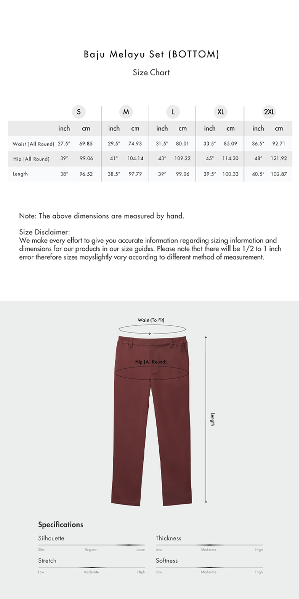 Size chart for Klasik Baju Melayu (Set)