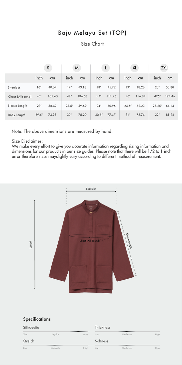 Size chart for Klasik Baju Melayu (Set)