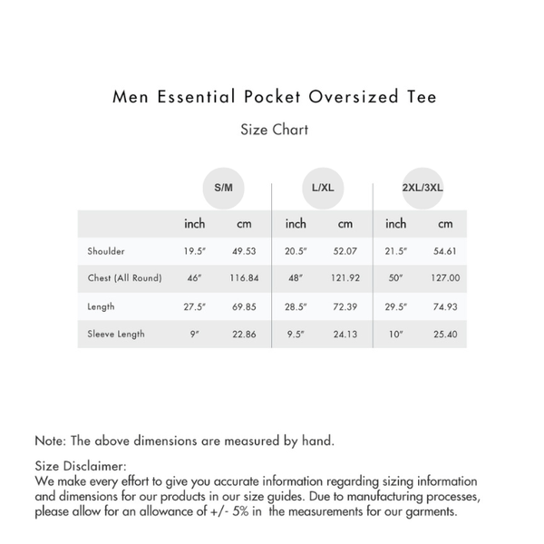 Size chart for Men Essential Pocket Oversized Tee