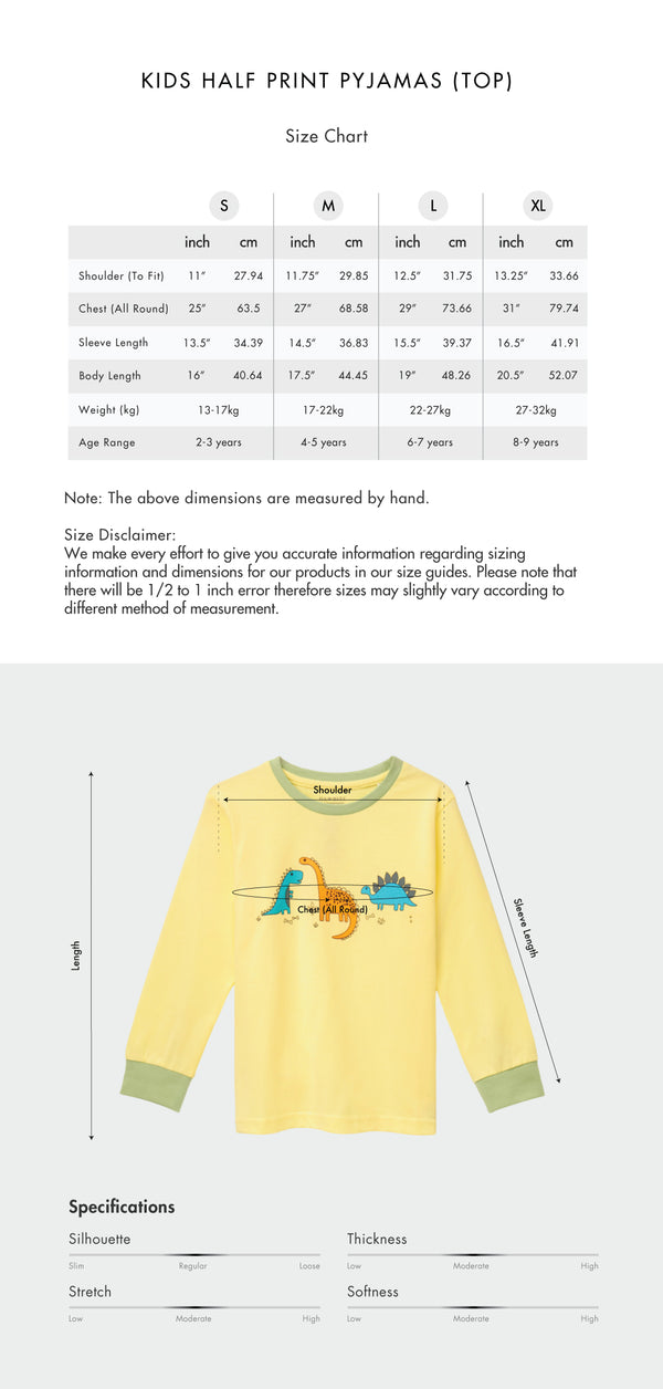 Size chart for Kids Half Print Pyjamas Set