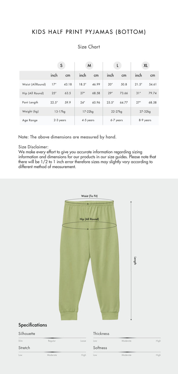 Size chart for Kids Half Print Pyjamas Set