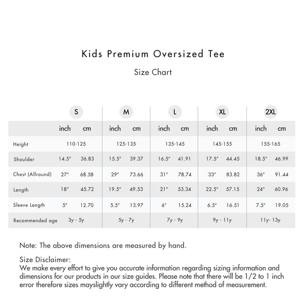 Size chart for Kids Premium Oversized Tee