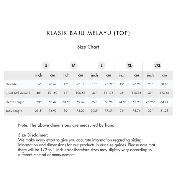 Size chart for Men Klasik Baju Melayu (Top)