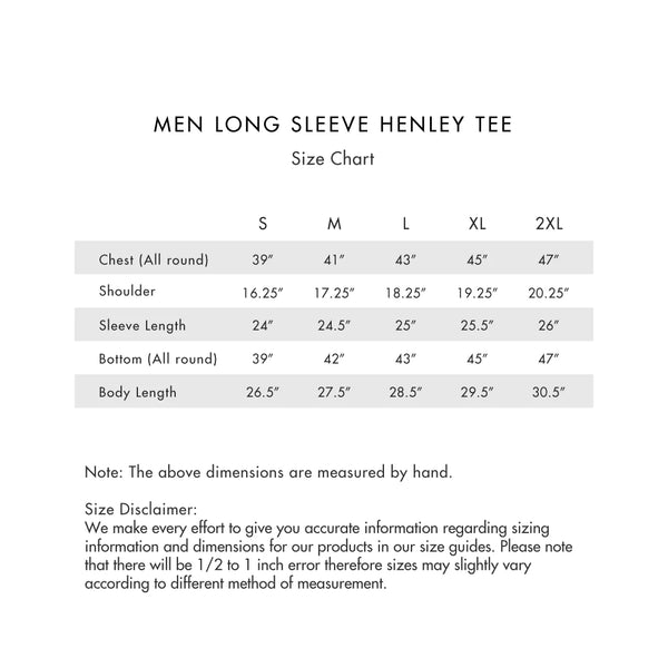 Size chart for Men Long Sleeve Henley Tee