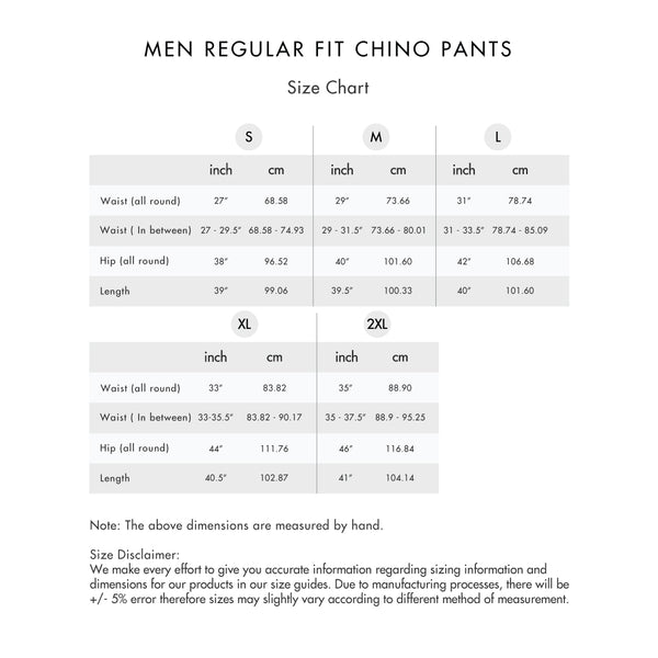 Size chart for Men Regular Fit Chino Pants
