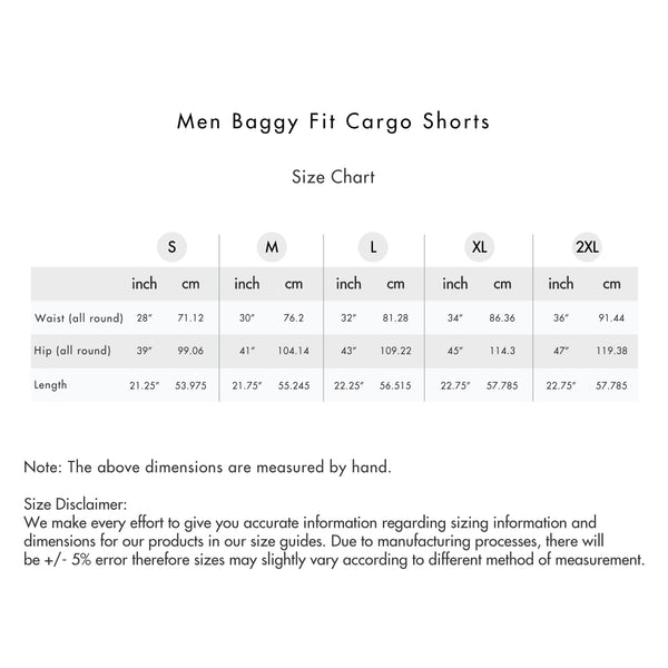 Size chart for Men Baggy Fit Cargo Shorts