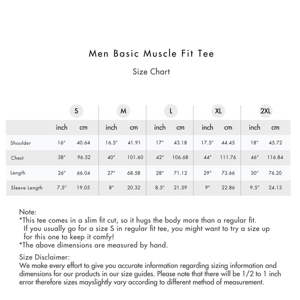 Size chart for Men Basic Muscle Fit Tee