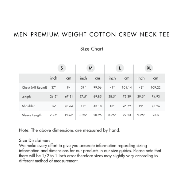 Size chart for Men Premium Weight Cotton Crew Neck Tee (New Colour)