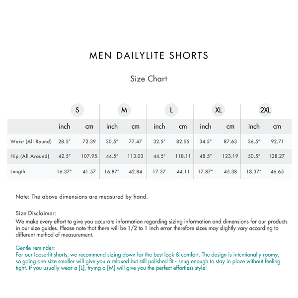 Size chart for Men DailyLite Shorts