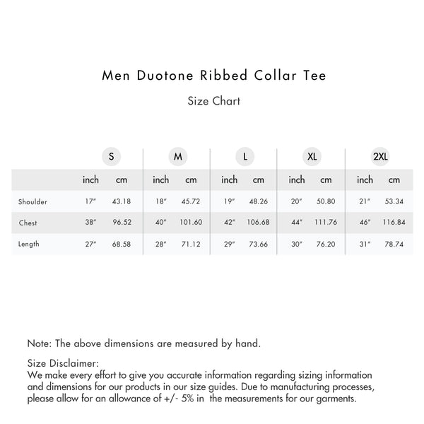 Size chart for Men Duotone Ribbed Collar Tee