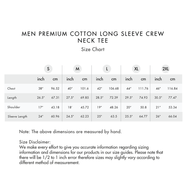 Size chart for Men Premium Long Sleeve Crew Neck Tee