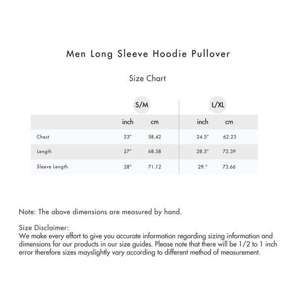 Size chart for Men Long Sleeve Hoodie Pullover