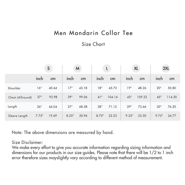 Size chart for Men Mandarin Collar Tee