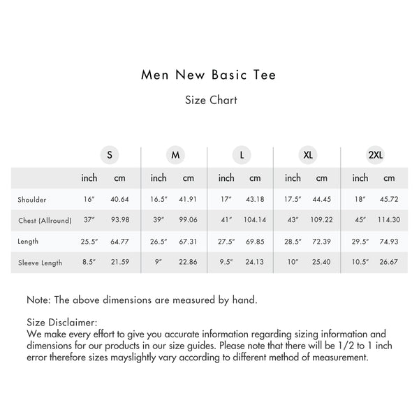 Size chart for Men Regular Fit Basic Tee