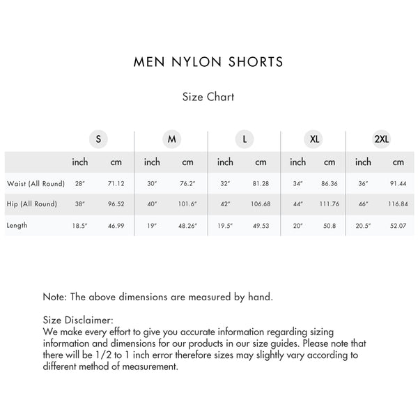 Size chart for Men Nylon Shorts