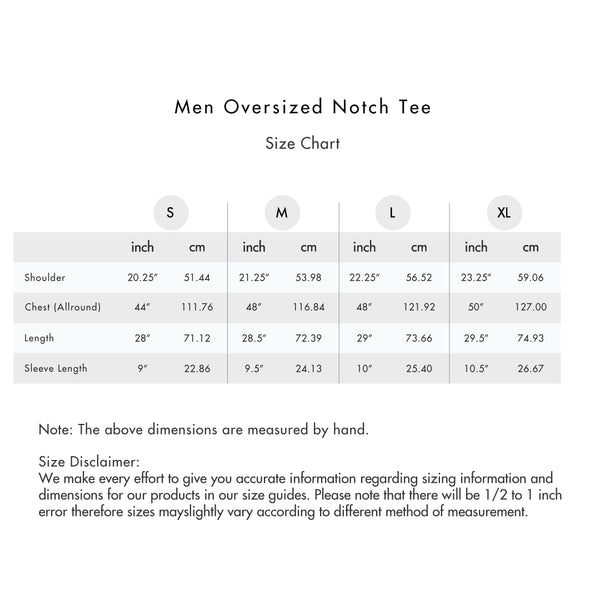 Size chart for Men Oversized Notch Tee