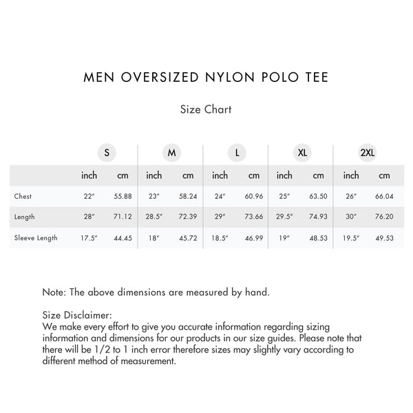 Size chart for Men Oversized Nylon Polo Tee