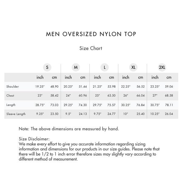Size chart for Men Oversized Nylon Top