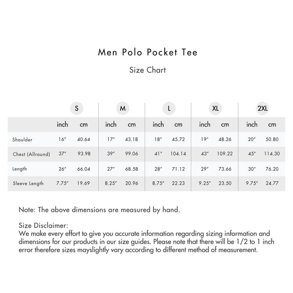 Size chart for Men Polo Pocket Tee