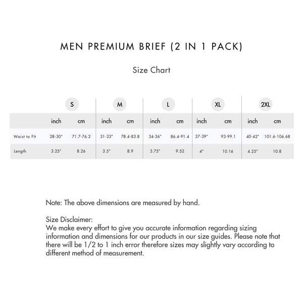 Size chart for Men Premium Brief (2 in 1 pack)