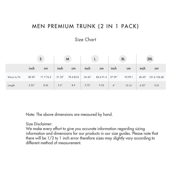 Size chart for Men Premium Trunk (2 in 1 pack)
