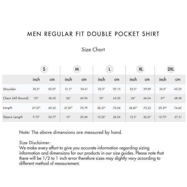 Size chart for Men Regular Fit Double Pocket Shirt