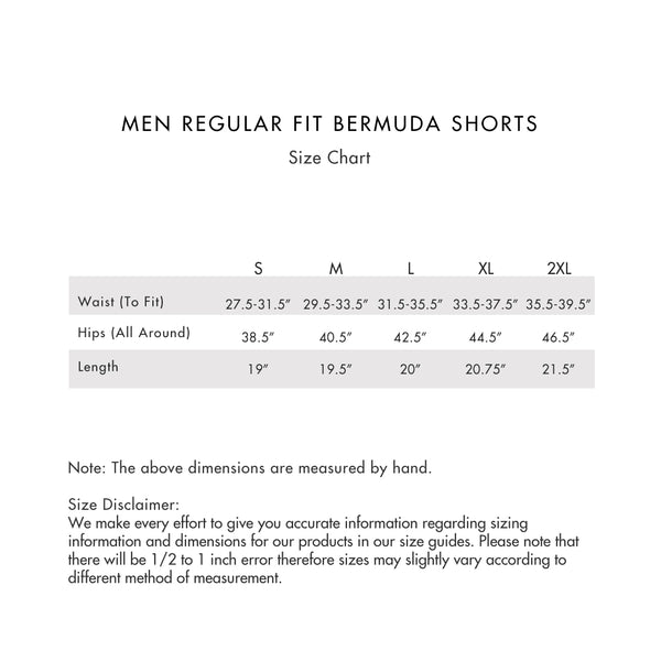 Size chart for Men Regular Fit Bermuda Shorts