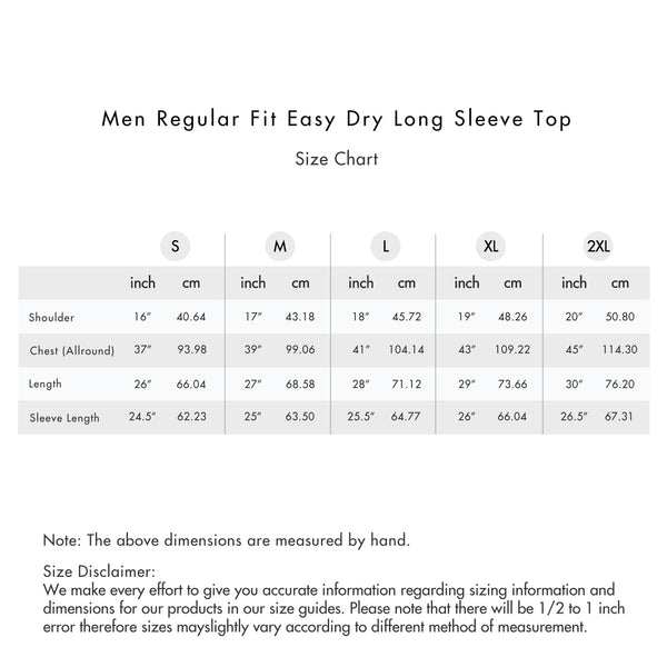 Size chart for Men Regular Fit Easy Dry Top