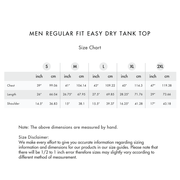 Size chart for Men Regular Fit Easy Dry Tank Top