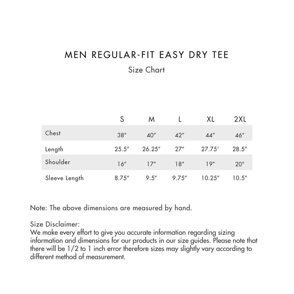 Size chart for Men Regular Fit Easy Dry Tee