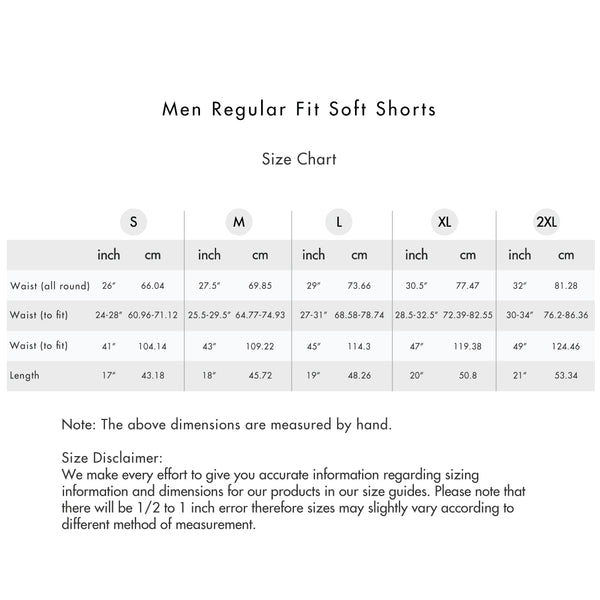 Size chart for Men Regular Fit Soft Shorts