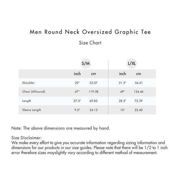 Size chart for Men Round Neck Oversized Graphic Tee