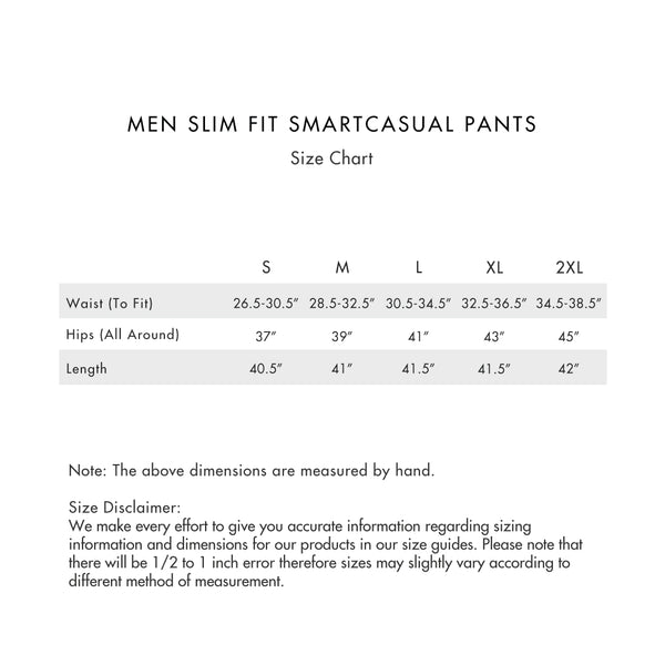 Size chart for Men Slim Fit Smart Casual Pants