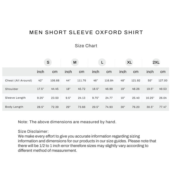 Size chart for Men Short Sleeve Oxford Shirt