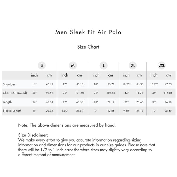 Size chart for Men Sleek Fit Air Polo Tee