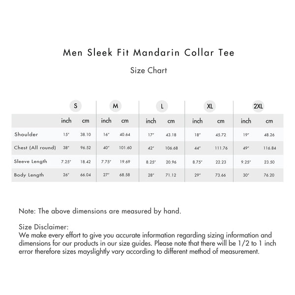 Size chart for Men Sleek Fit Mandarin Collar Tee