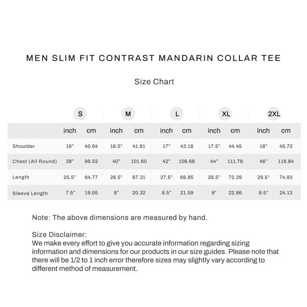Size chart for Men Slim Fit Contrast Mandarin Collar Tee