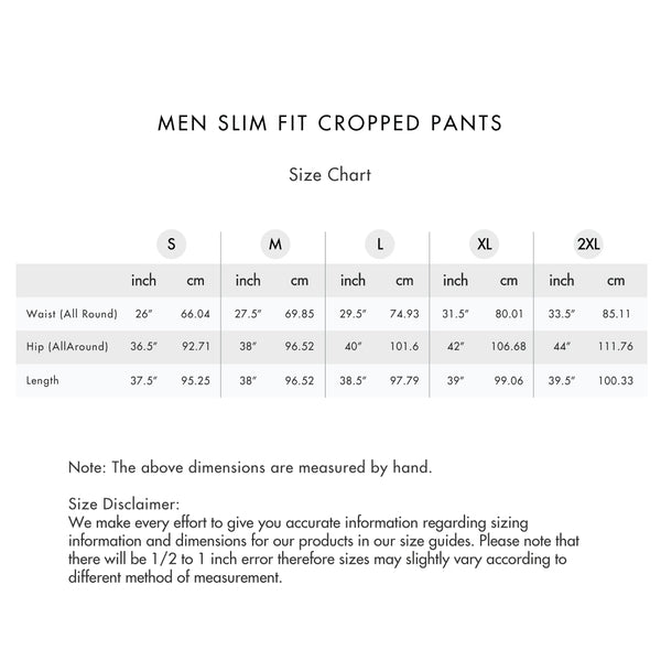 Size chart for Men Slim Fit Cropped Pants