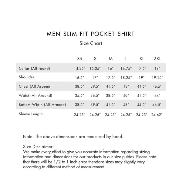 Size chart for Men Slim Fit Long Sleeve Formal Pocket Shirt