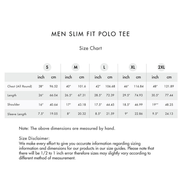 Size chart for Slim Fit Men Polo (Seasonal)