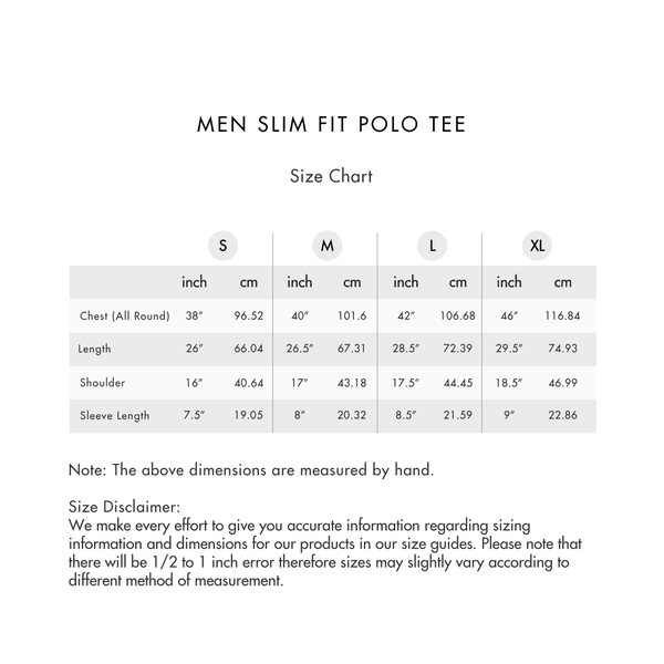 Size chart for Slim Fit Men Polo (Essential)