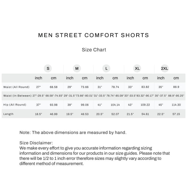 Size chart for Men Street Comfort Shorts