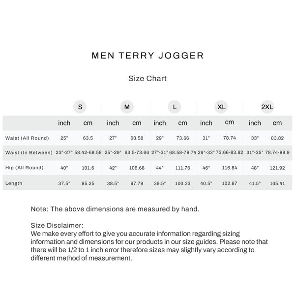 Size chart for Men Terry Jogger