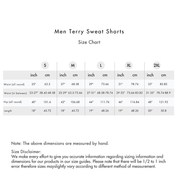 Size chart for Men Terry Sweat Shorts