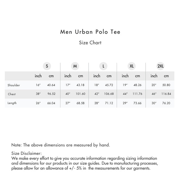 Size chart for Men Urban Polo Tee