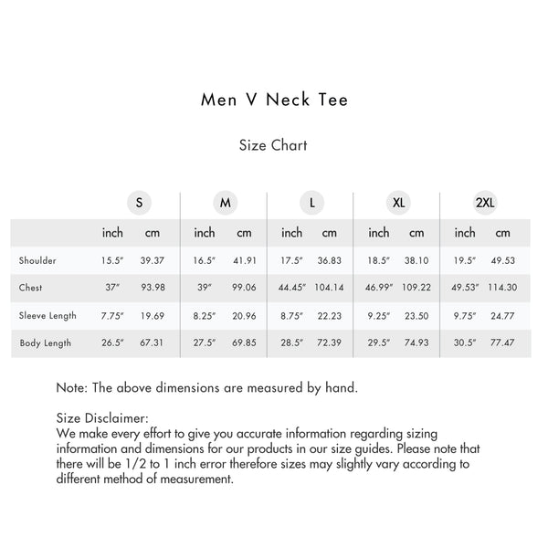 Size chart for Men Premium Cotton V-Neck Tee